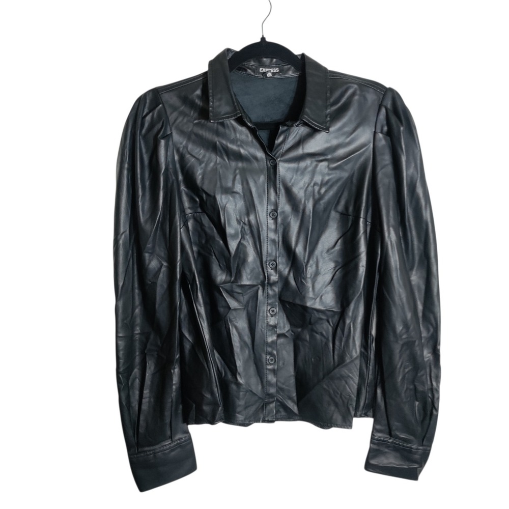 Express Womens Black Faux Leather Puff Sleeve Button Down Shirt Top Size M